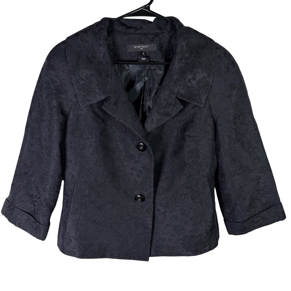 Nine West Suit Womens 6 Black Floral Jacquard Blazer 3/4 Sleeve Cropped Jacket